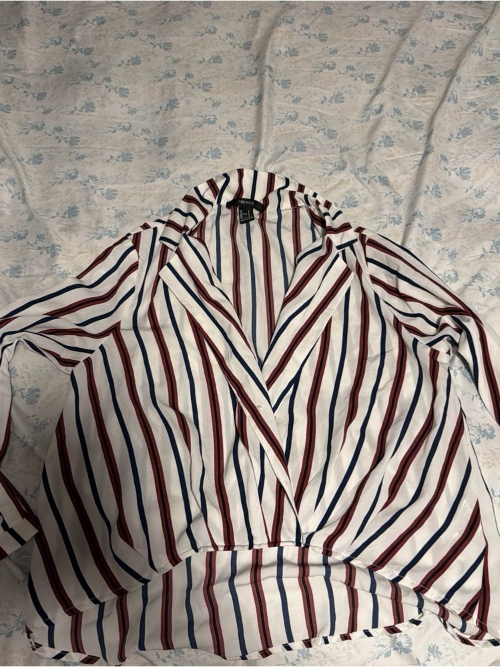 Forever 21 White Button-Down Shirt with Red & Navy Stripes